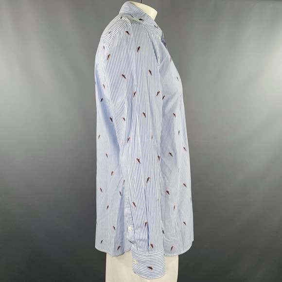 ZEGNA Blue White Stripe Cotton One Pocket Long Sleeve Shirt - Picture 3 of 7